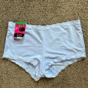 New Maidenform White Lace-Trim blue Boyshorts Panty sz L